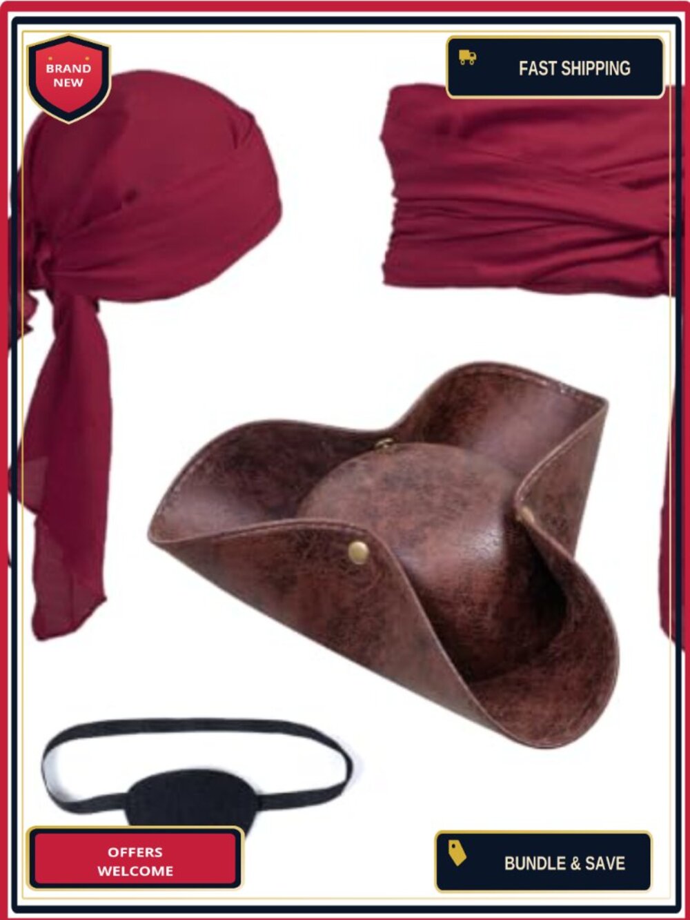 Pirate Costume Set Hat Scarf Sash Eye Patch Faux Leather Adult Cosplay